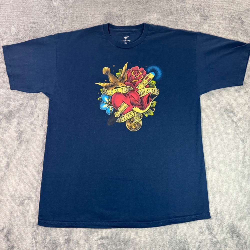 TeeFury Doctor Who T-Shirt Navy Blue Graphic Tee Allons-y Tattoo Style Mens XL